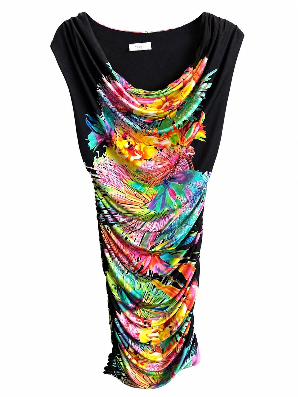 FIFILLES Paris Vibrant Tropical Floral Cowl Neck Ruched Dress T 2 / Small